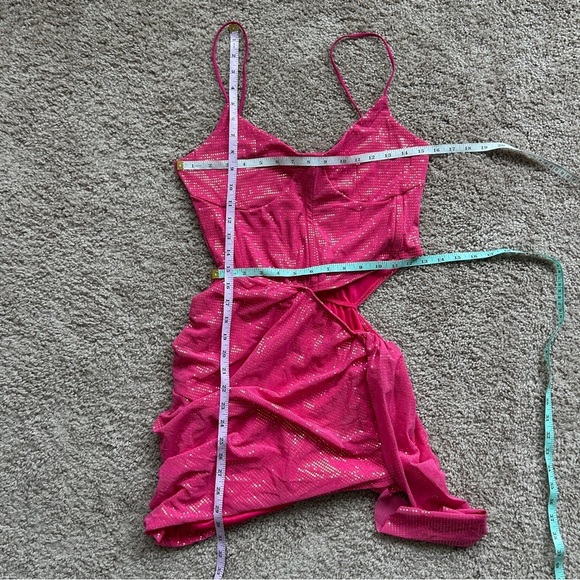 PrettyLittleThing Pink Glitter Corset Cut Out Drape Detail Bodycon Dress NWT 10 - Picture 12 of 13